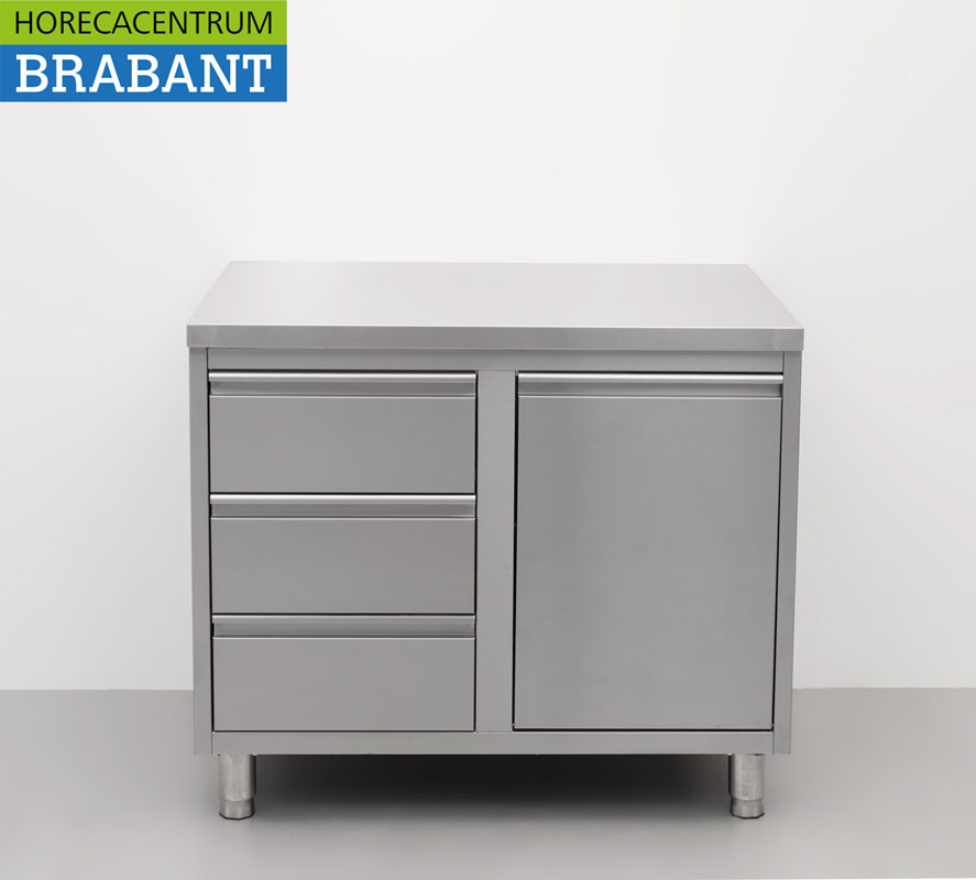 HCB RVS Werkkast Kast Werktafel Afvalbak en 3 laden 100 cm Premium-line Horeca