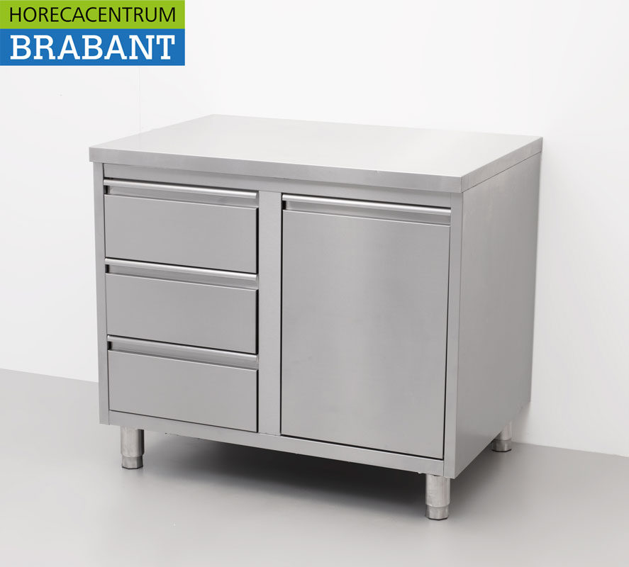 HCB RVS Werkkast Kast Werktafel Afvalbak en 3 laden 100 cm Premium-line Horeca - Afbeelding 3