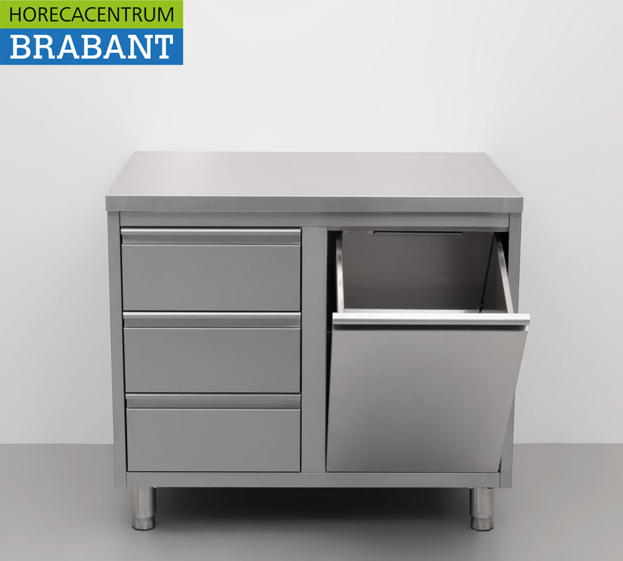 HCB RVS Werkkast Kast Werktafel Afvalbak en 3 laden 100 cm Premium-line Horeca - Afbeelding 4
