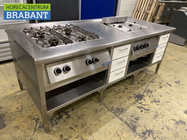 RVS Metos baklijn 4 pits fornuis en dubbele friteuse 219 cm Horeca - Afbeelding 2