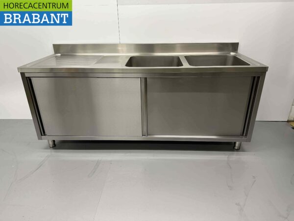 RVS Spoeltafel dubbele spoelbakken schuifdeuren Premium-line 200 cm Horeca