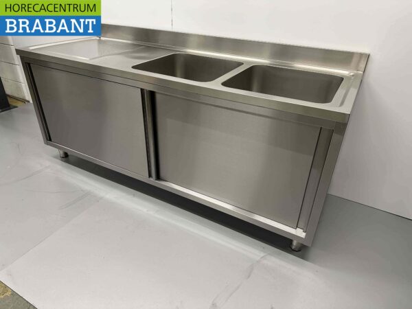 RVS Spoeltafel dubbele spoelbakken schuifdeuren Premium-line 200 cm Horeca - Afbeelding 2