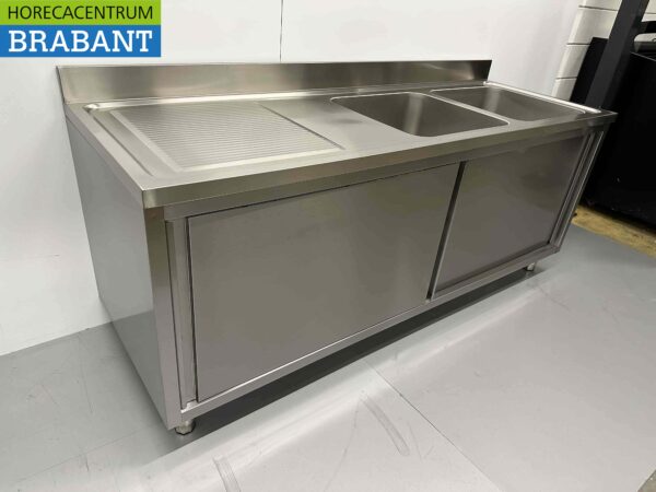 RVS Spoeltafel dubbele spoelbakken schuifdeuren Premium-line 200 cm Horeca - Afbeelding 3