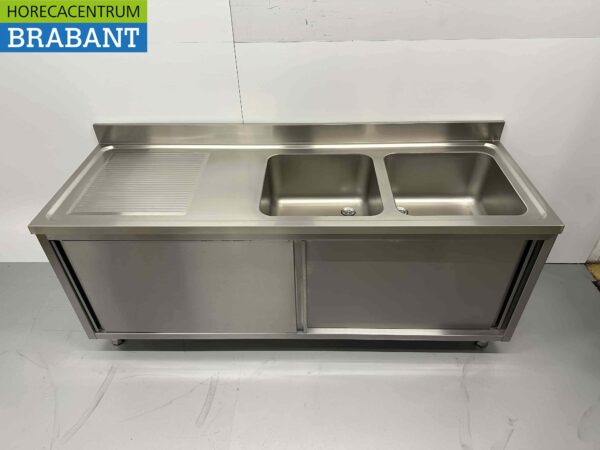 RVS Spoeltafel dubbele spoelbakken schuifdeuren Premium-line 200 cm Horeca - Afbeelding 4