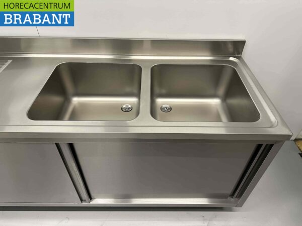 RVS Spoeltafel dubbele spoelbakken schuifdeuren Premium-line 200 cm Horeca - Afbeelding 5