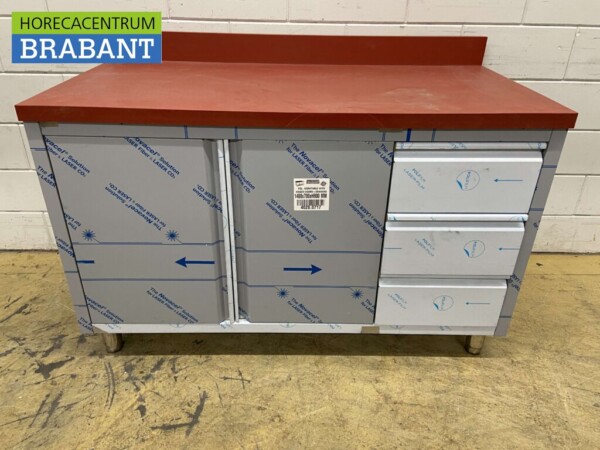 RVS Polyethylene PE Werkkast Kast Snijtafel 2 klapdeuren 3 laden 140 cm Horeca Slagerij