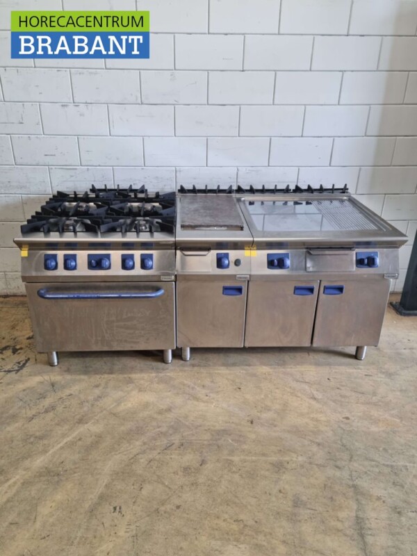 RVS Electrolux Baklijn Fornuis Doorkookplaat en spiegelbakplaat 200 cm GAS Horeca