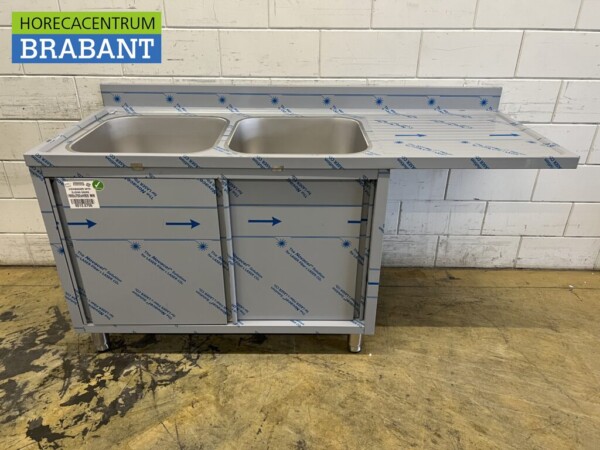 RVS Spoeltafel dubbele spoelbakken schuifdeuren Premium-line 180 cm Horeca