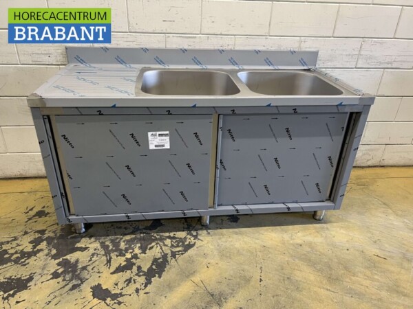RVS Spoeltafel Dubbele Spoelbakken 2 schuifdeuren Premium-line 160 cm Horeca