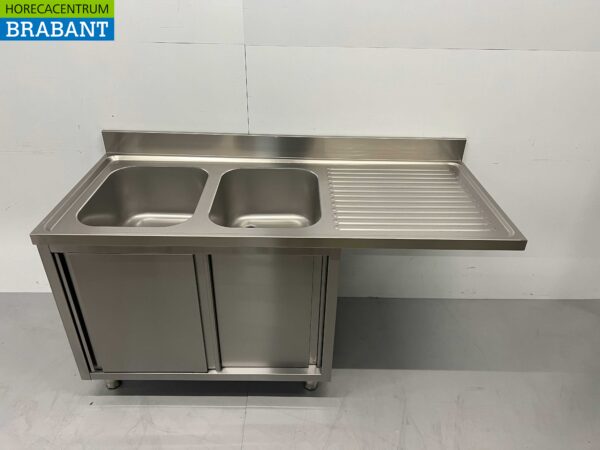 HCB RVS Spoeltafel dubbele spoelbakken Premium-line 2 schuifdeuren 160 cm Horeca