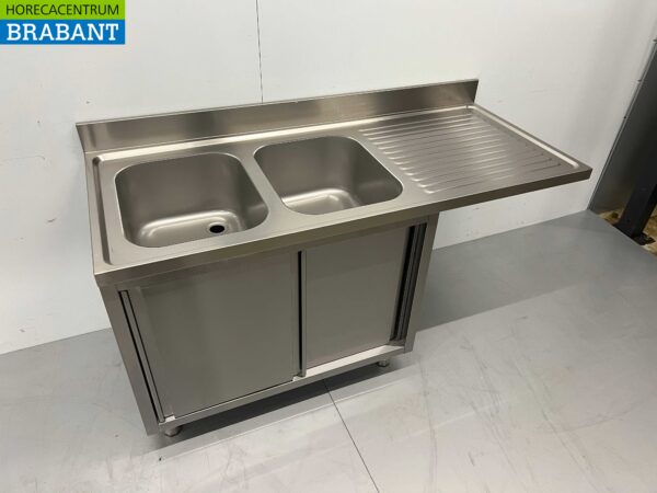 HCB RVS Spoeltafel dubbele spoelbakken Premium-line 2 schuifdeuren 160 cm Horeca - Afbeelding 2