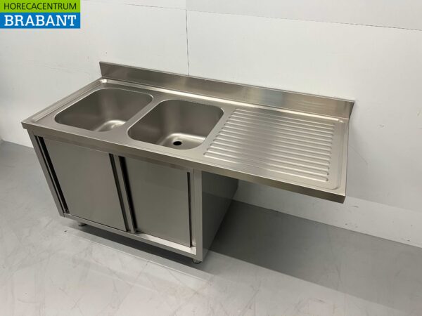 HCB RVS Spoeltafel dubbele spoelbakken Premium-line 2 schuifdeuren 160 cm Horeca - Afbeelding 3