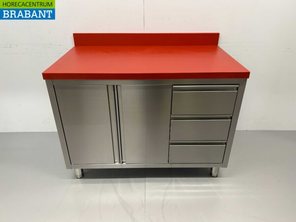 RVS HCB Polyethylene PE Werkkast Kast Snijtafel 2 klapdeuren 3 laden 120 cm Horeca Slagerij