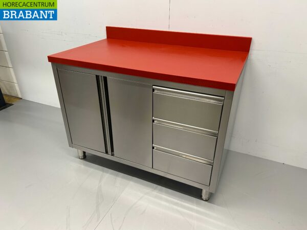 RVS HCB Polyethylene PE Werkkast Kast Snijtafel 2 klapdeuren 3 laden 120 cm Horeca Slagerij - Afbeelding 2