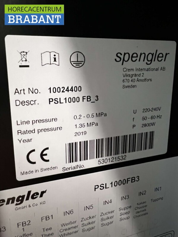 Crem Spengler PSL1000 Koffiemachine Koffieautomaat Gekoeld water 230V Horeca - Afbeelding 12