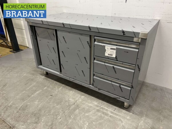 RVS Werkkast Premium-line Kast Werktafel 2 schuifdeuren en 3 laden 140 cm Horeca - Afbeelding 2