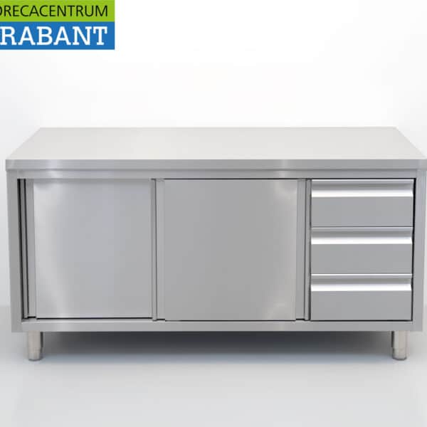 HCB RVS Werkkast Kast Werktafel Premium-line 2 schuifdeuren en 3 laden 160 cm Horeca