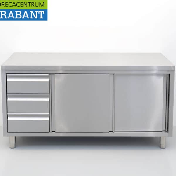 HCB RVS Werkkast Kast Werktafel Premium-line 2 schuifdeuren en 3 laden 160 cm Horeca