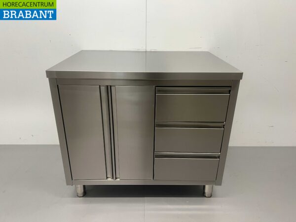 RVS Werkkast Kast Werktafel 2 klapdeuren en 3 laden 100 cm Horeca