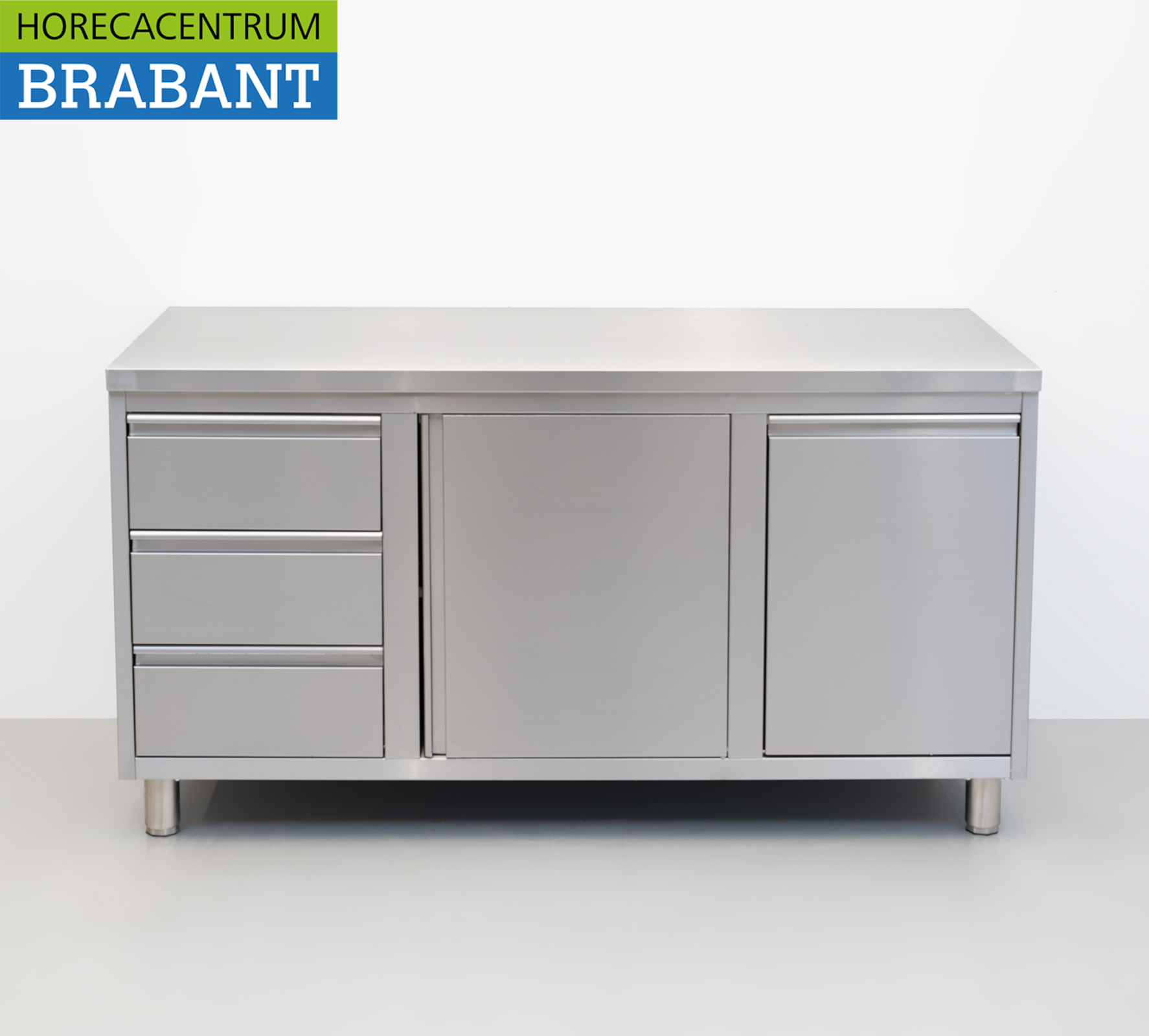 RVS Werkkast Kast Werktafel 2 klapdeuren, 3 laden en afvalbak 160 cm Horeca