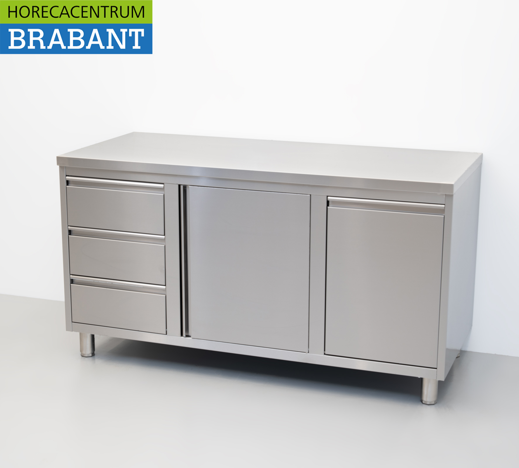 RVS Werkkast Kast Werktafel 2 klapdeuren, 3 laden en afvalbak 160 cm Horeca - Afbeelding 2