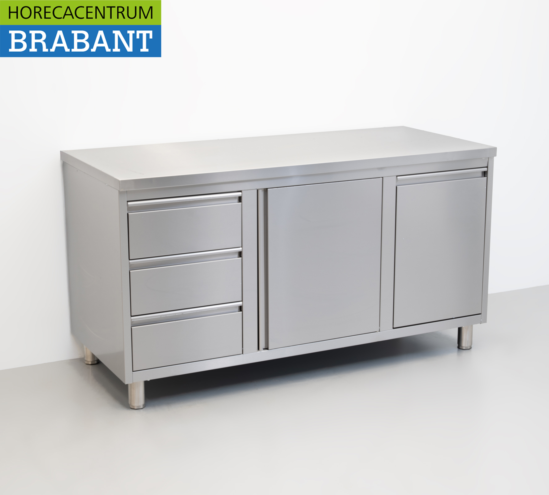 RVS Werkkast Kast Werktafel 2 klapdeuren, 3 laden en afvalbak 160 cm Horeca - Afbeelding 3