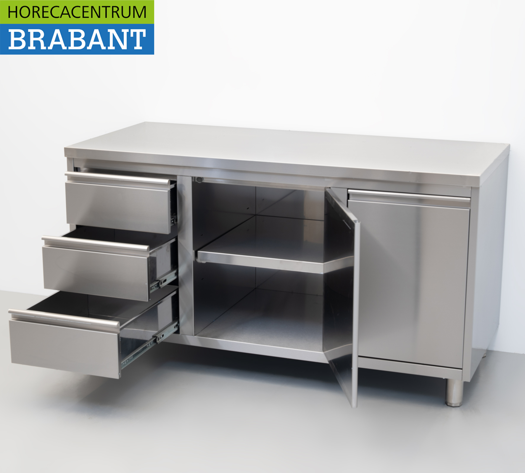 RVS Werkkast Kast Werktafel 2 klapdeuren, 3 laden en afvalbak 160 cm Horeca - Afbeelding 4