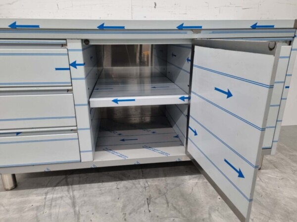 RVS Werkkast Kast Werktafel 2 klapdeuren, 3 laden en afvalbak 160 cm Horeca - Afbeelding 6