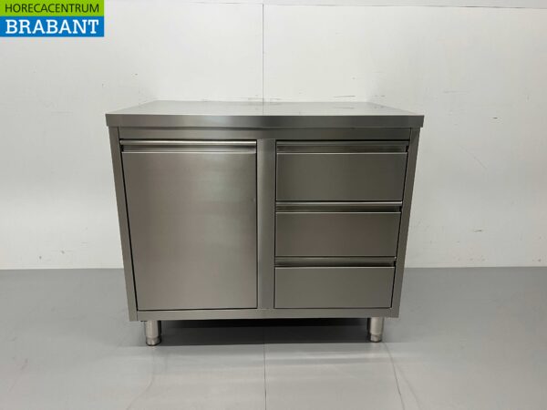 RVS Werkkast Kast Werktafel Afvalbak en 3 laden 100 cm Horeca