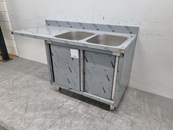 RVS Spoeltafel dubbele spoelbakken Premium-line 2 schuifdeuren 160 cm Horeca - Afbeelding 2