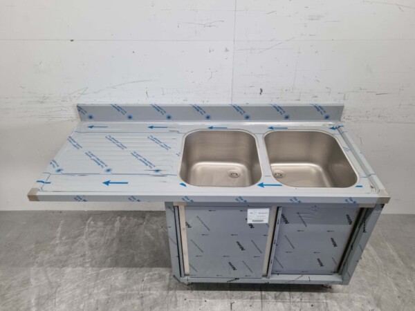 RVS Spoeltafel dubbele spoelbakken Premium-line 2 schuifdeuren 160 cm Horeca - Afbeelding 4