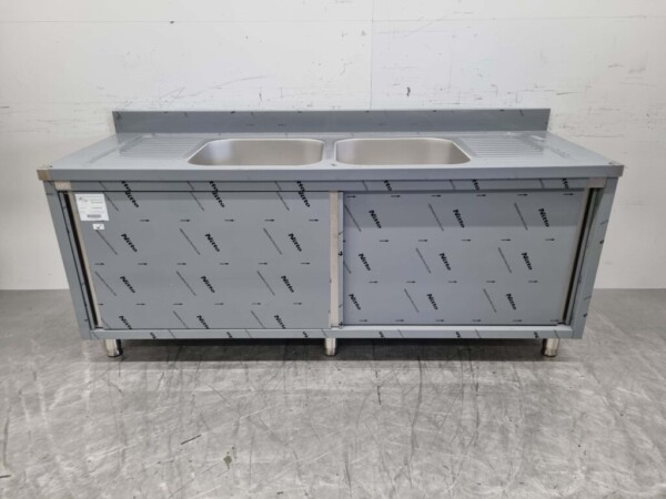 RVS Spoeltafel dubbele spoelbakken Premium-line 2 schuifdeuren 200 cm Horeca