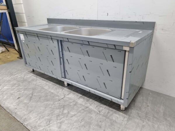 RVS Spoeltafel dubbele spoelbakken Premium-line 2 schuifdeuren 200 cm Horeca - Afbeelding 2