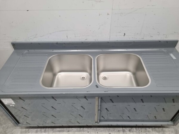 RVS Spoeltafel dubbele spoelbakken Premium-line 2 schuifdeuren 200 cm Horeca - Afbeelding 4