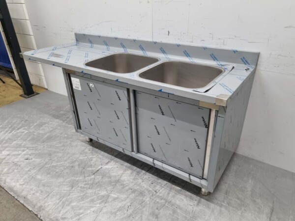 RVS Spoeltafel dubbele spoelbakken 2 schuifdeuren Premium-line 200 cm Horeca - Afbeelding 2