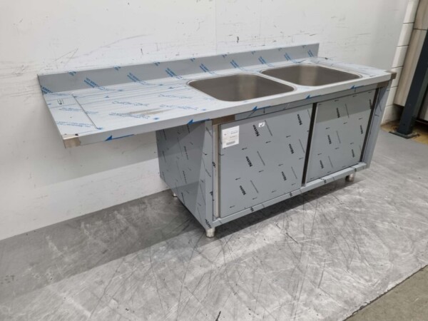 RVS Spoeltafel dubbele spoelbakken 2 schuifdeuren Premium-line 200 cm Horeca - Afbeelding 3