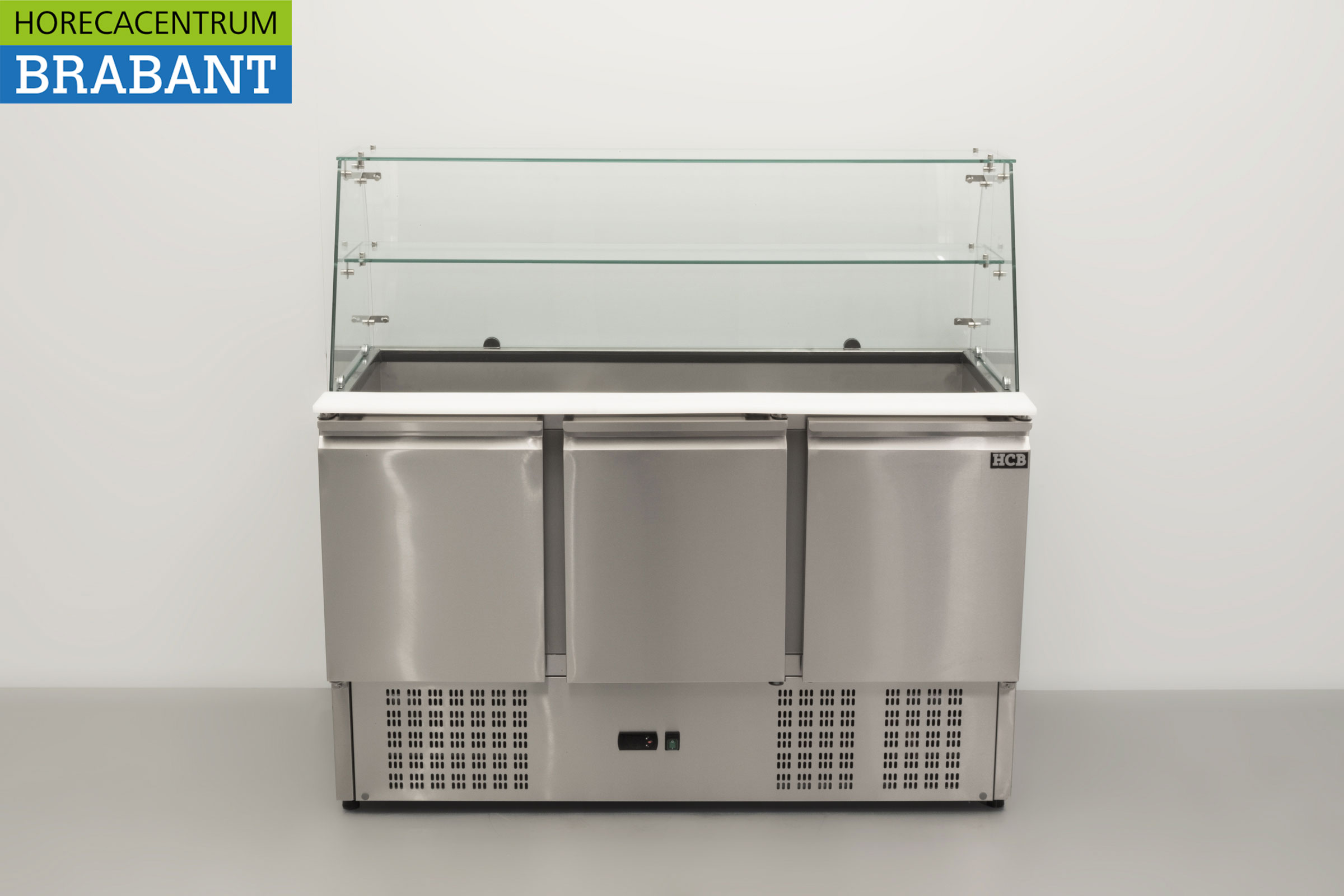 HCB RVS Saladette Koelwerkbank 3 deuren 1/1 GN met glasopbouw 137 cm 230V Horeca