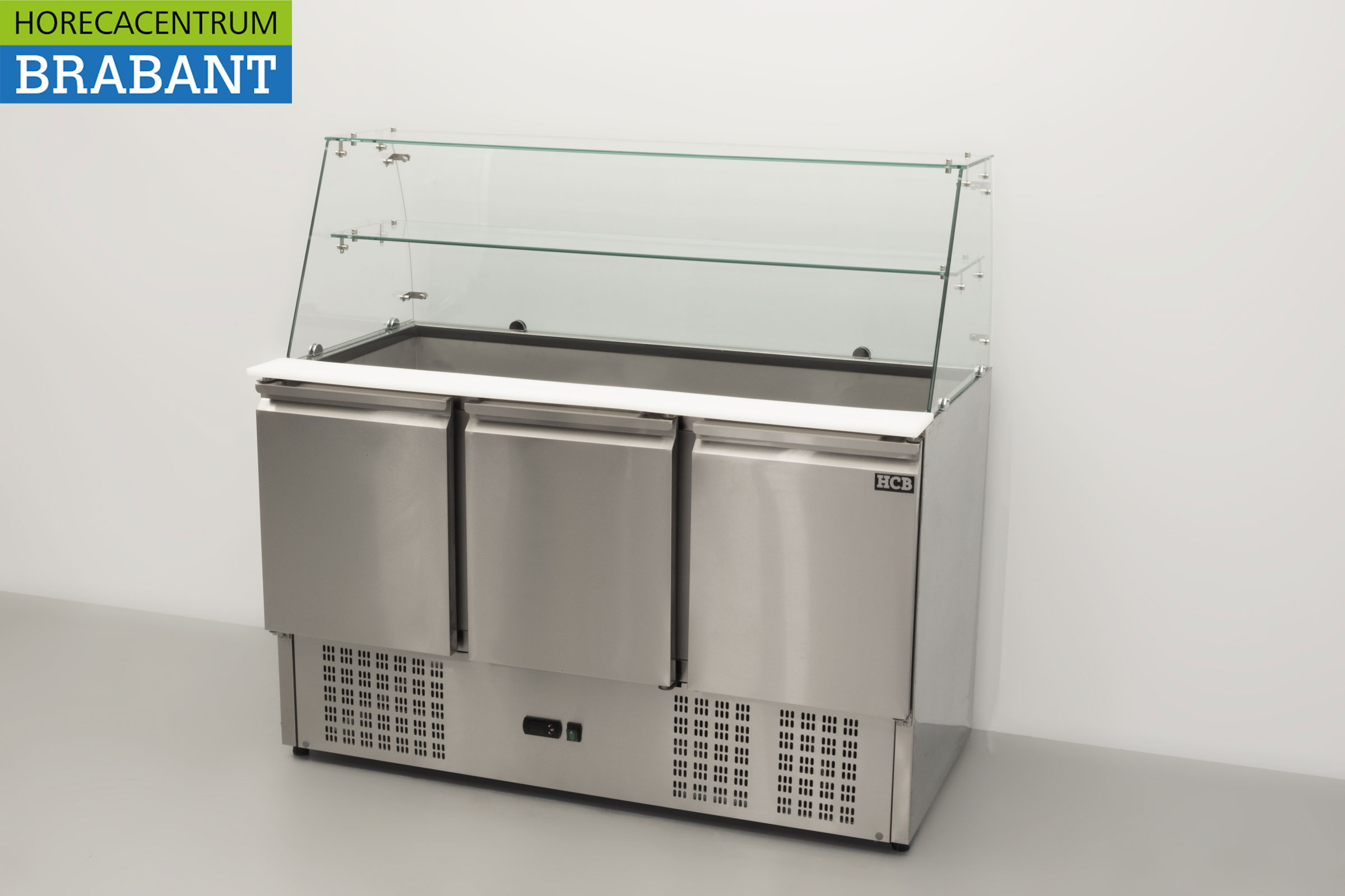HCB RVS Saladette Koelwerkbank 3 deuren 1/1 GN met glasopbouw 137 cm 230V Horeca - Afbeelding 2