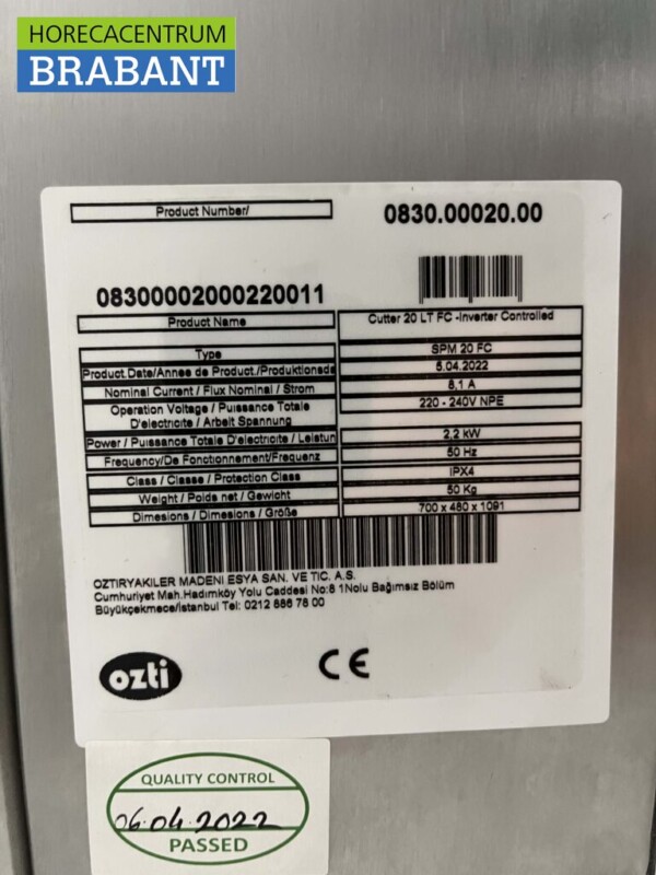 RVS Ozti Cutter / Keukenmachine / Groentecutter 20 liter 230V Horeca - Afbeelding 5