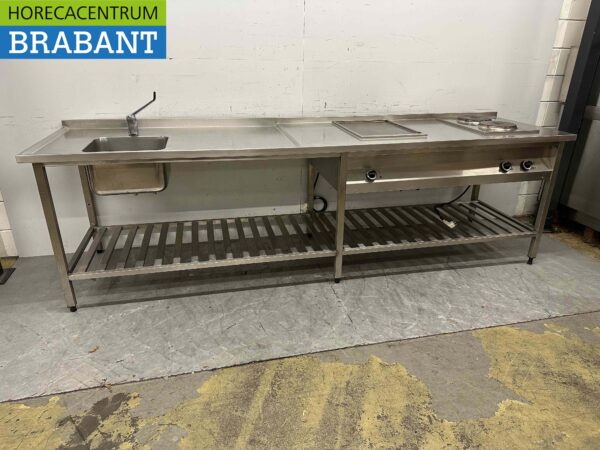 RVS Baklijn Spoelbak, elektrische bakplaat en dubbel fornuis 312 cm 400V Horeca
