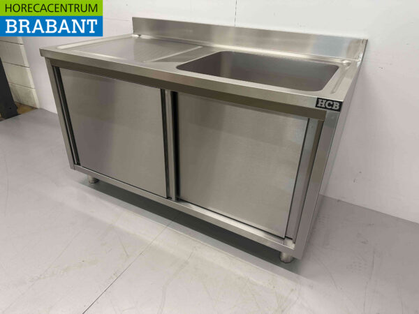HCB RVS Spoeltafel Spoelbak 2 Schuifdeuren Premium-line 140 cm Horeca - Afbeelding 2