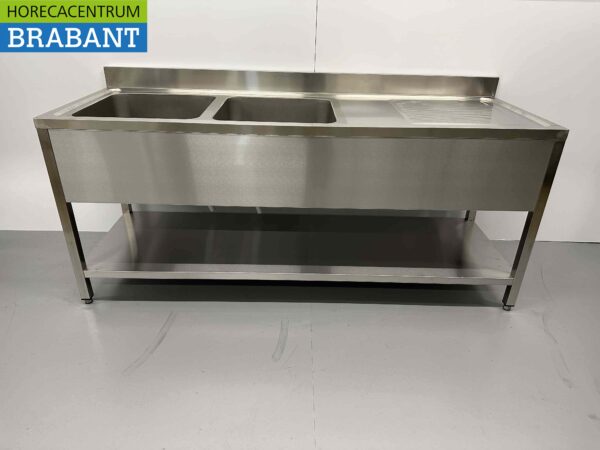 RVS Spoeltafel dubbele spoelbakken Premium-line Gelast model  200 cm Horeca