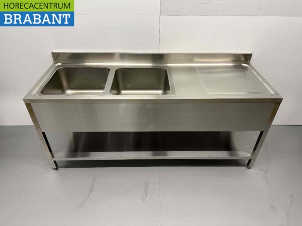 RVS Spoeltafel dubbele spoelbakken Premium-line Gelast model  200 cm Horeca - Afbeelding 2
