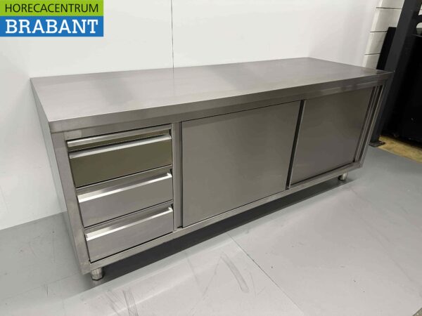 RVS Werkkast Premium-line Kast Werktafel 2 schuifdeuren en 3 laden 200 cm Horeca - Afbeelding 2