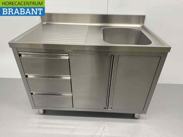 RVS Spoeltafel Spoelbak klapdeuren en laden 120 cm Horeca