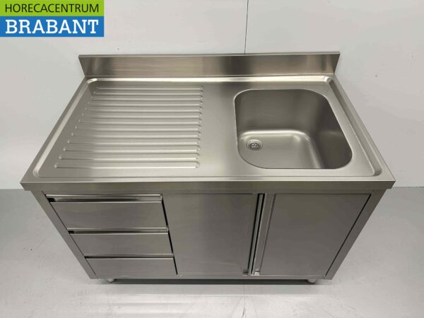 RVS Spoeltafel Spoelbak klapdeuren en laden 120 cm Horeca - Afbeelding 2