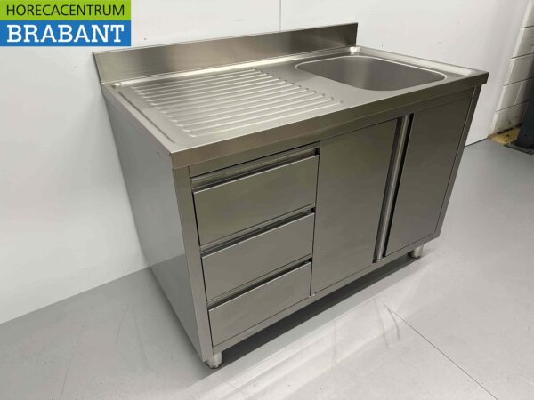 RVS Spoeltafel Spoelbak klapdeuren en laden 120 cm Horeca - Afbeelding 3