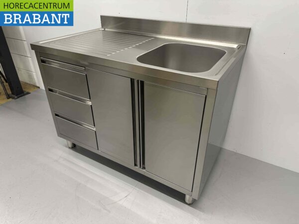 RVS Spoeltafel Spoelbak klapdeuren en laden 120 cm Horeca - Afbeelding 4