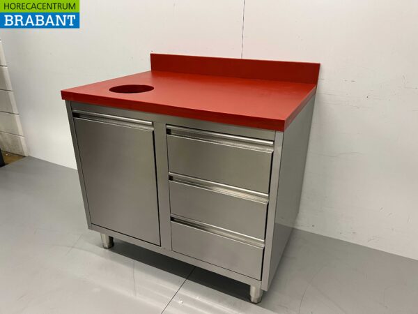 RVS Polyethylene PE Snijtafel Haringtafel Werkkast Werktafel Afvalbak en 3 laden 100 cm Horeca - Afbeelding 3