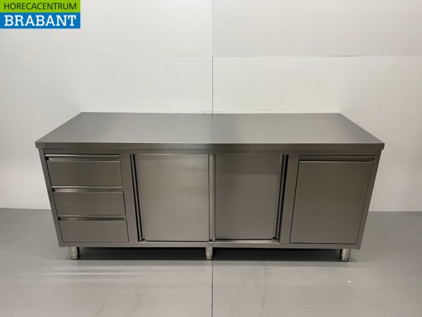 RVS Werkkast Kast Werktafel 2 schuifdeuren en 3 laden en afvalbak 200 cm Horeca